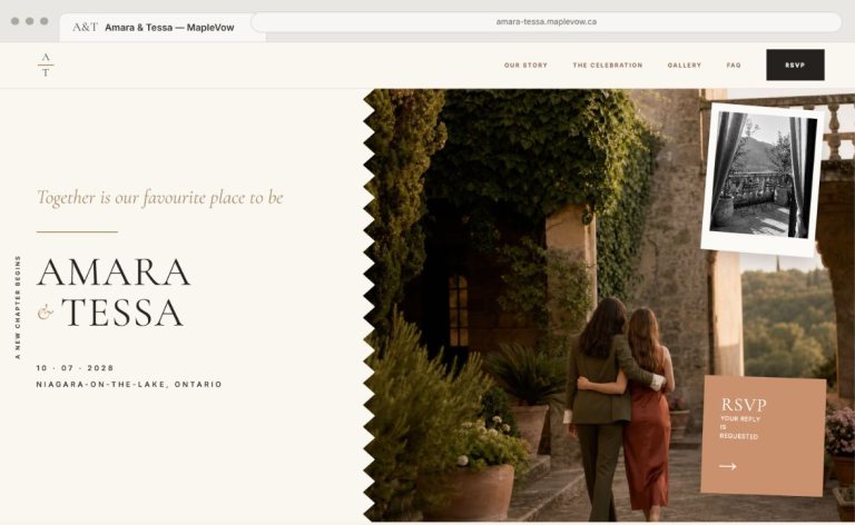 Keepsake wedding website preview for Amara and Tessa with two women at a villa in elegant evening clothing and a visible browser tab