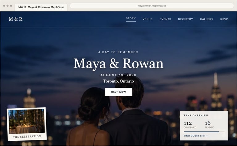 Photo Focus wedding website preview for Maya and Rowan with a dusk portrait, venue photo, expanded navigation, and RSVP overview