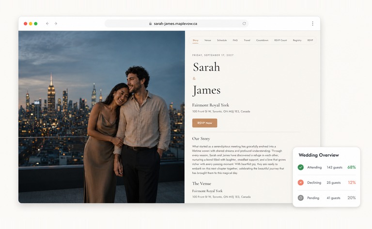 MapleVow wedding website mockup for Sarah and James with a Toronto skyline portrait, story, RSVP button, and Wedding Overview