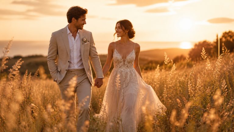 Couple walking through a field at sunset on their wedding day