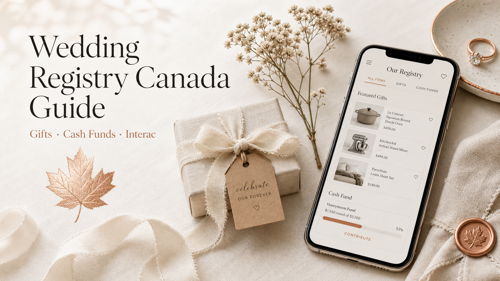 Guide liste de mariage au Canada : cadeaux universels, fonds en argent et étiquette Interac