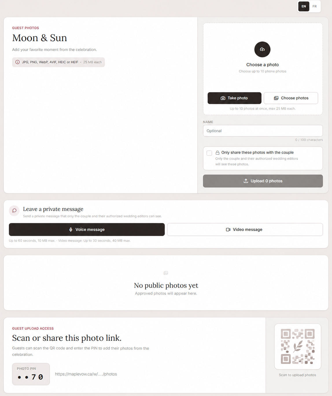 Guests can upload photos, send photos privately to the couple, and leave voice or video messages from the same page.